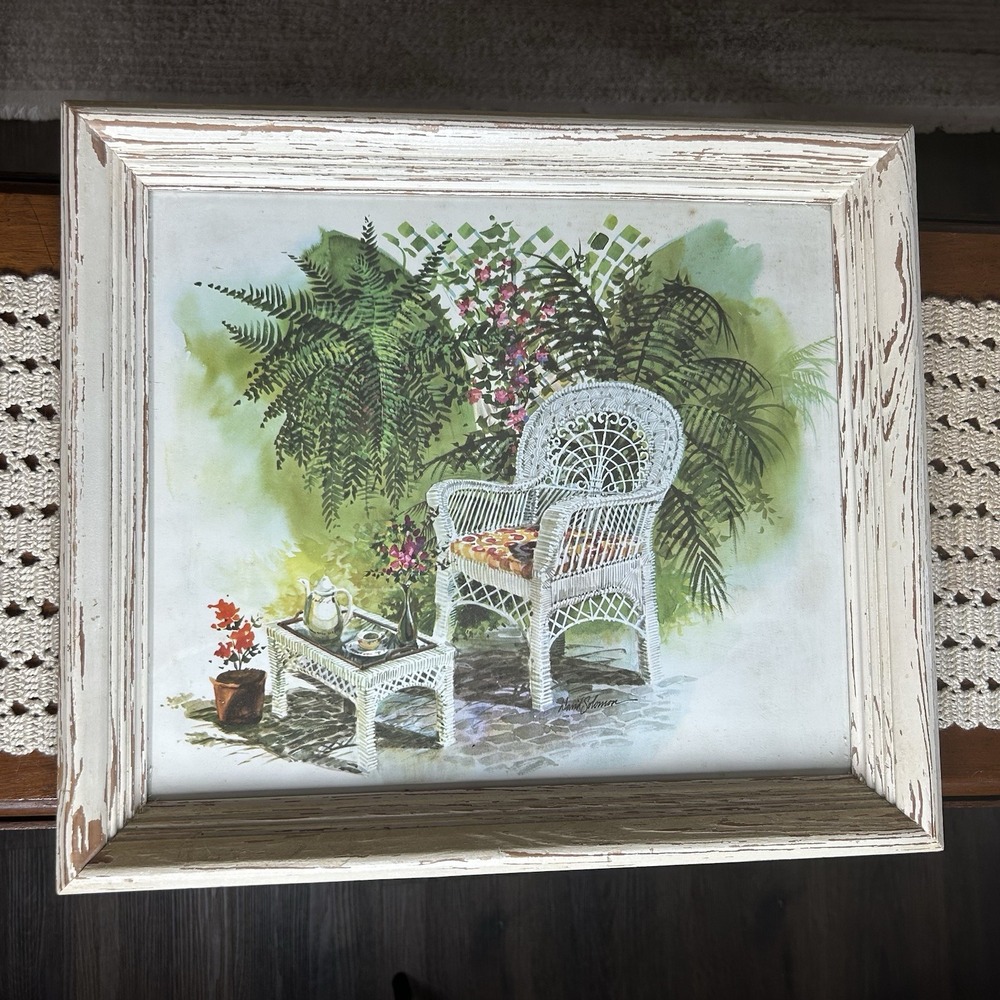 Vtg Framed Art David Solomon Watercolor Print Wicker Chair In Garden 1970s Boho